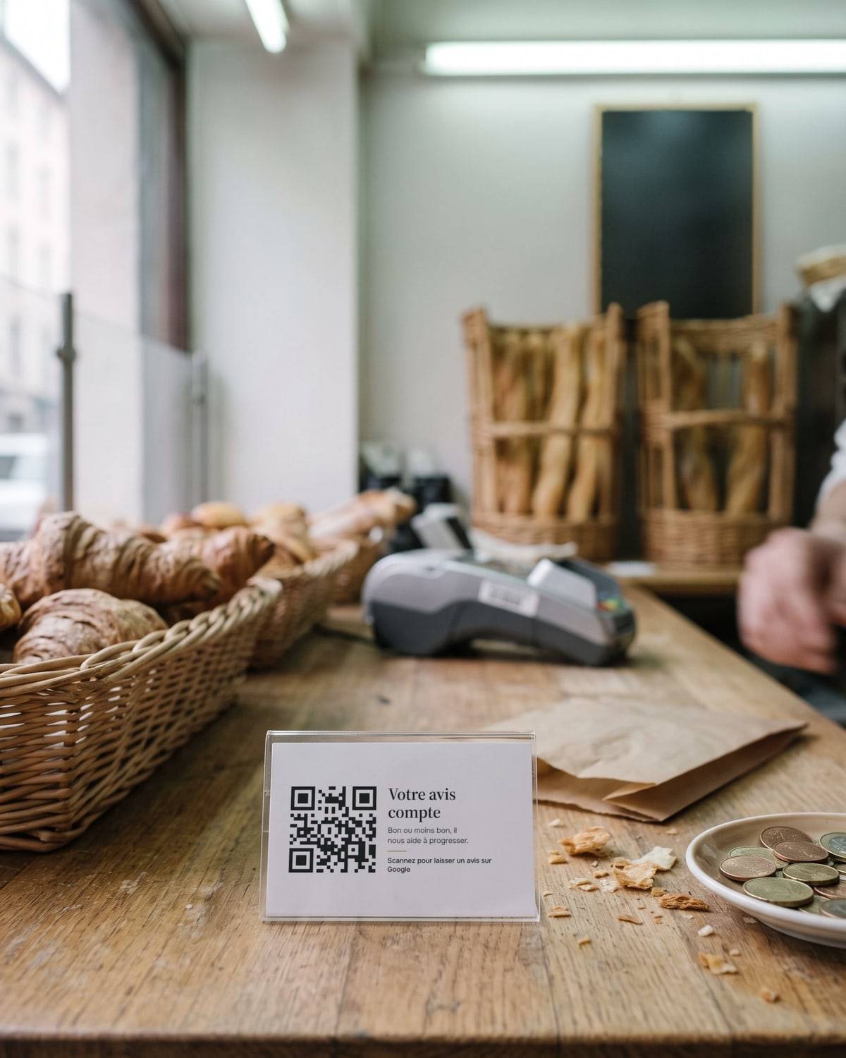 Sur le comptoir d'une boulangerie, un chevalet porte une carte d'avis avec un QR code, à côté des viennoiseries et du terminal de paiement.
