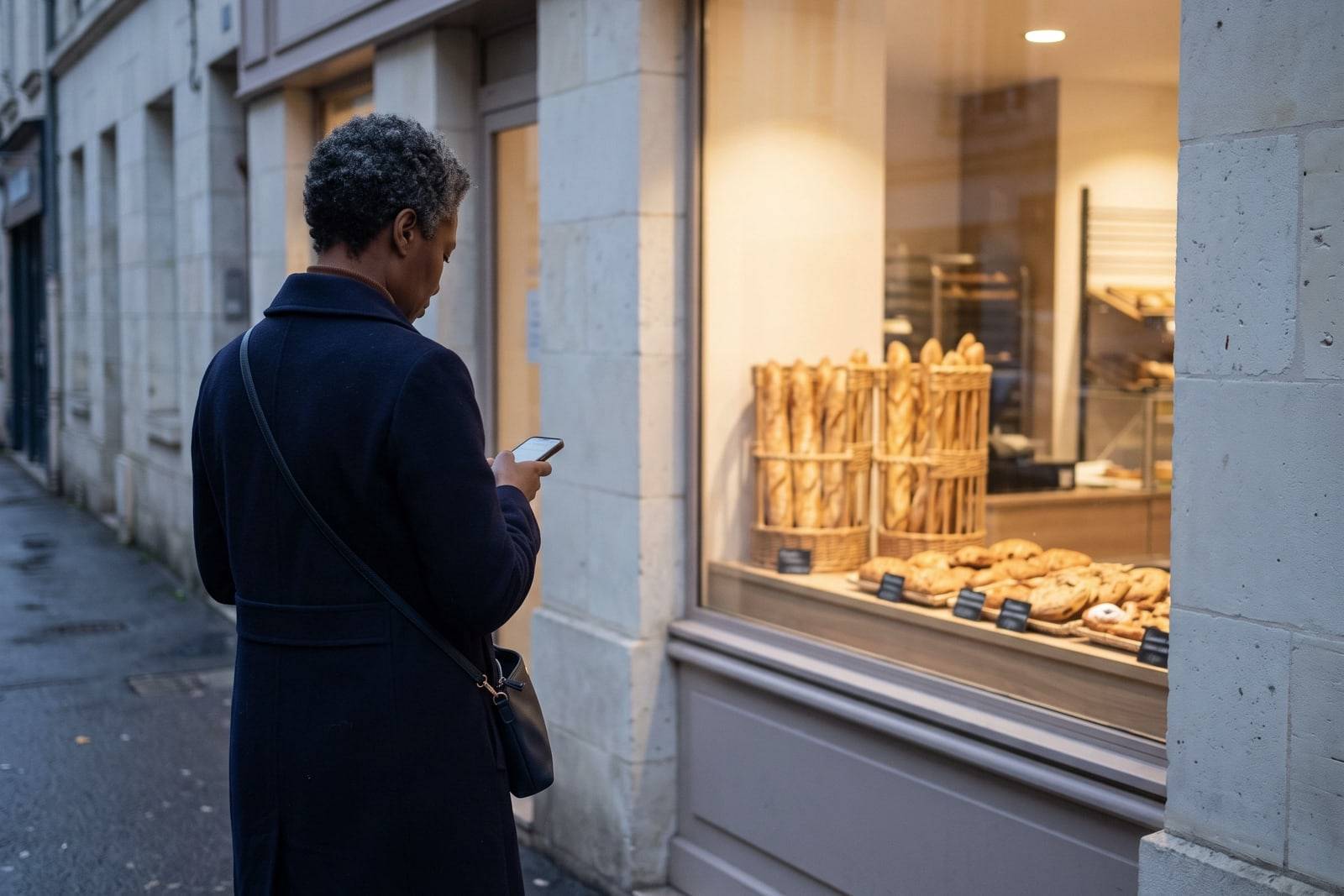 Une passante, de dos, regarde son téléphone devant la vitrine éclairée d'une boulangerie, le soir.