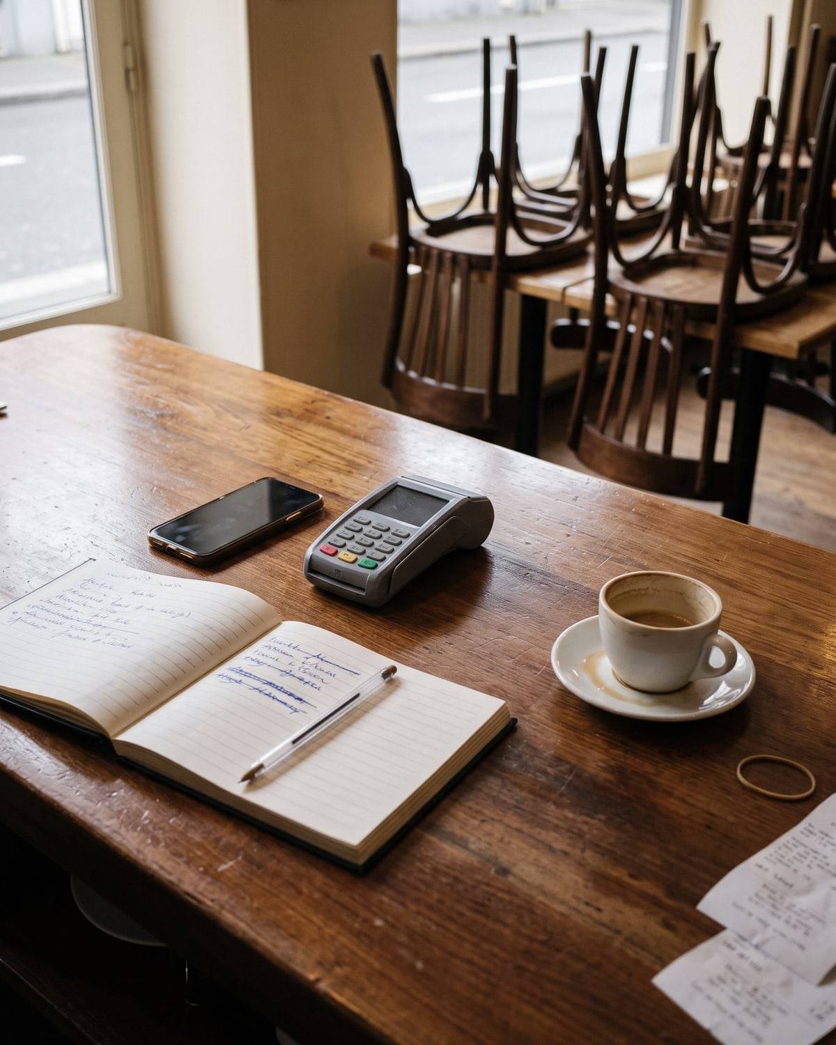 Sur une table de bistrot avant l'ouverture : un carnet de réservations ouvert, un téléphone, un terminal de paiement et un café.