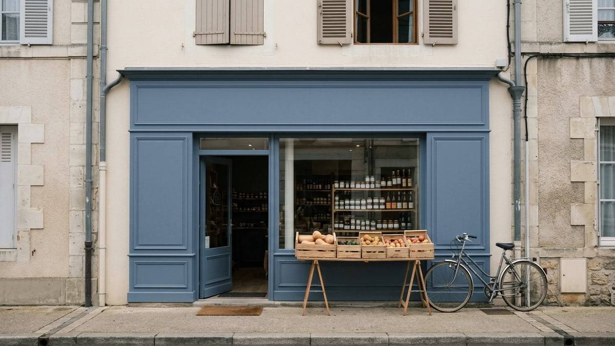 La devanture bleue d'une épicerie indépendante, porte ouverte et cagettes sur le trottoir.