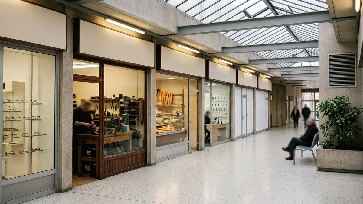Une galerie commerçante couverte, une enfilade de boutiques sous une verrière.