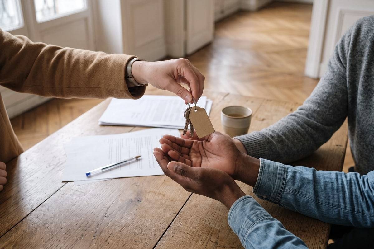 La remise des clés d'un appartement, de main à main, au-dessus d'une table en bois.