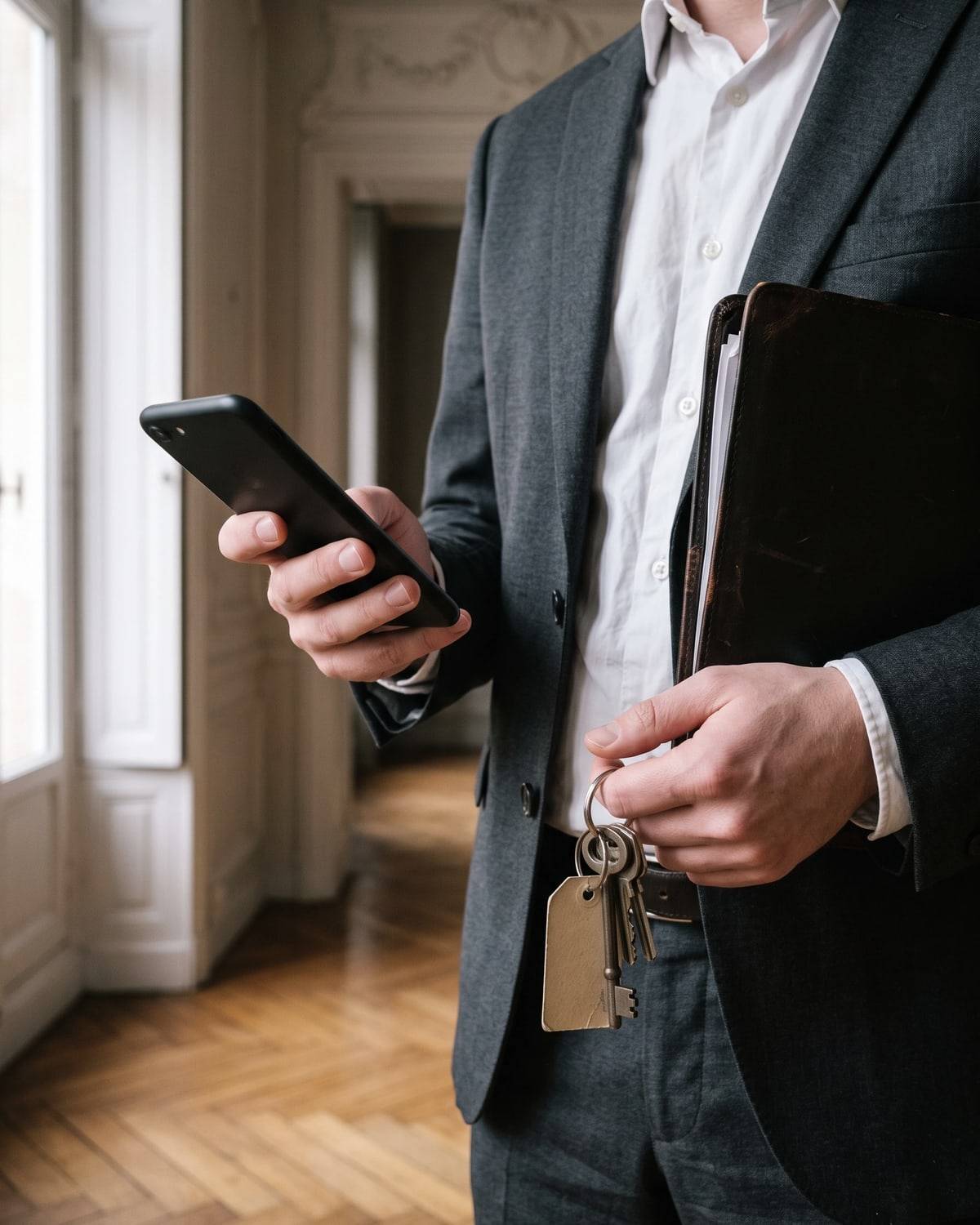 Pendant une visite, un agent immobilier en costume tient son téléphone et un trousseau de clés.
