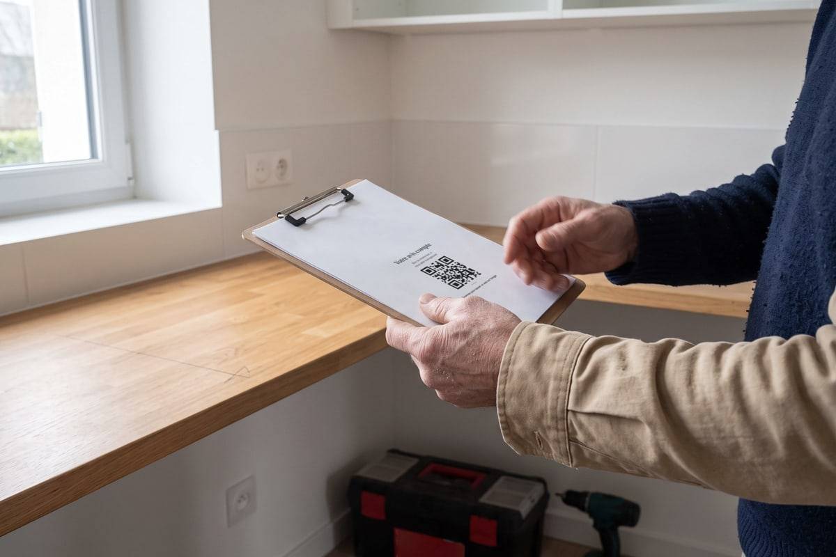 En fin de chantier, un artisan tend une feuille avec un QR code pour laisser un avis.
