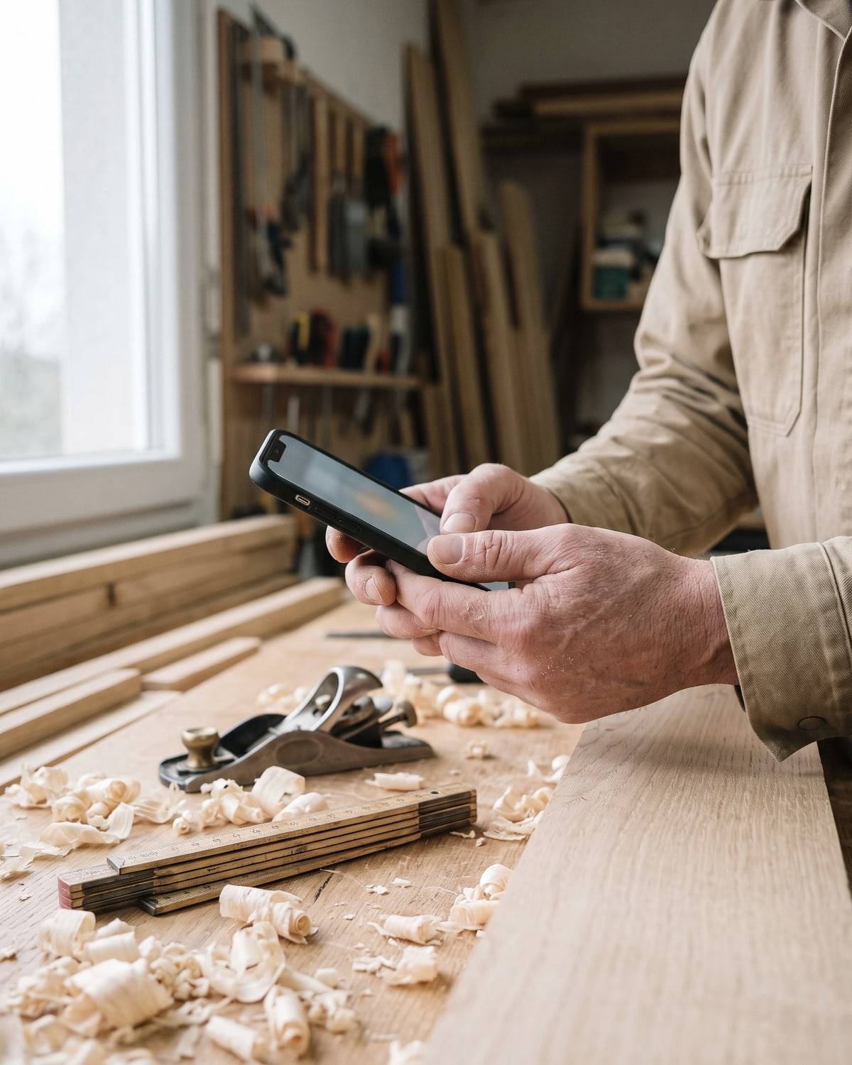 À l'établi, au milieu des copeaux, un menuisier consulte son téléphone.
