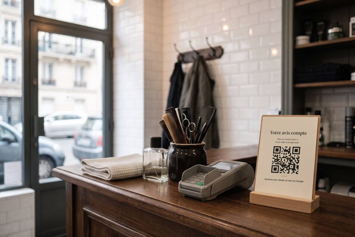 Au comptoir d'encaissement d'un barbier, un chevalet avec la carte d'avis et son QR code.