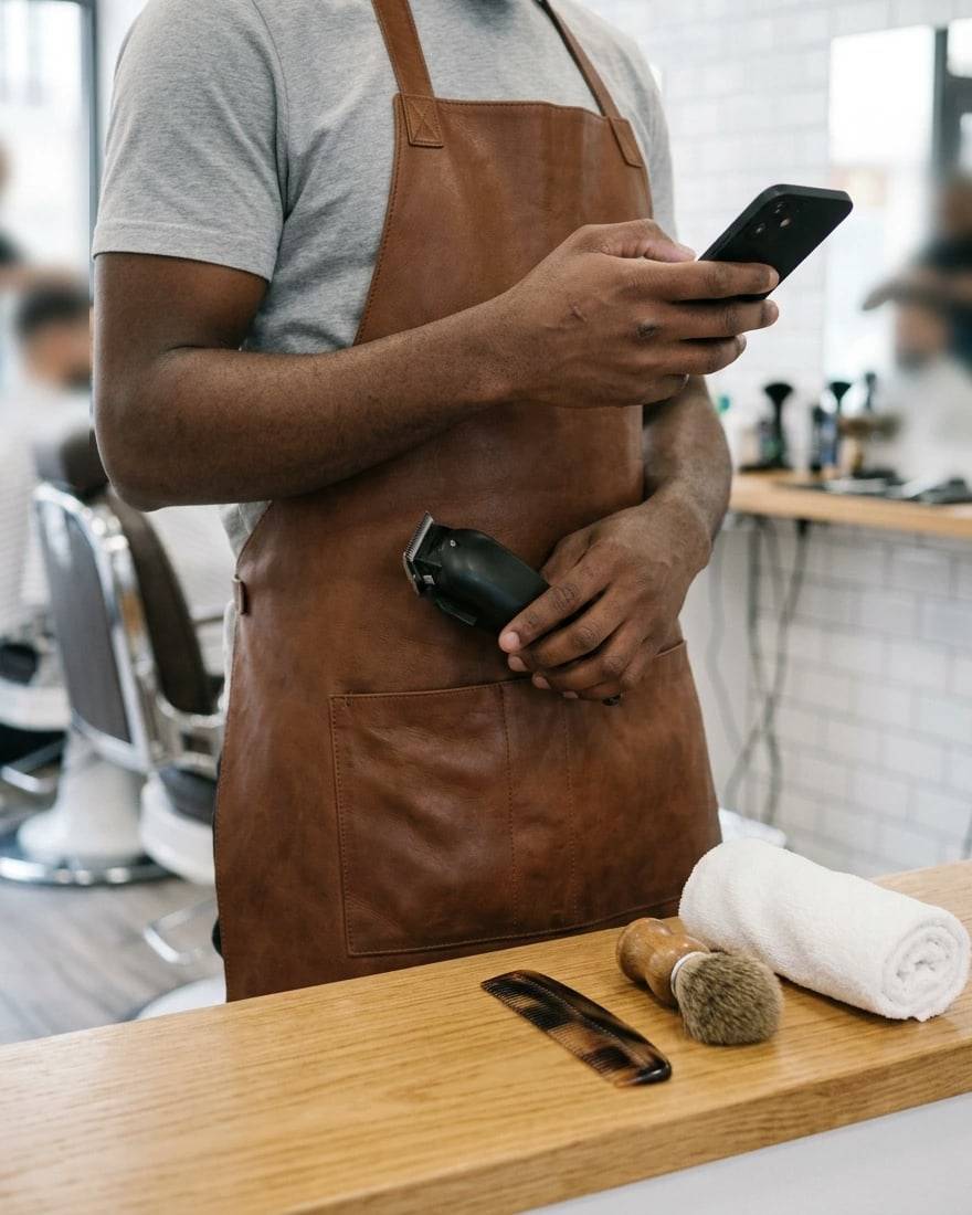 Un barbier en tablier de cuir lit son téléphone, à son poste.