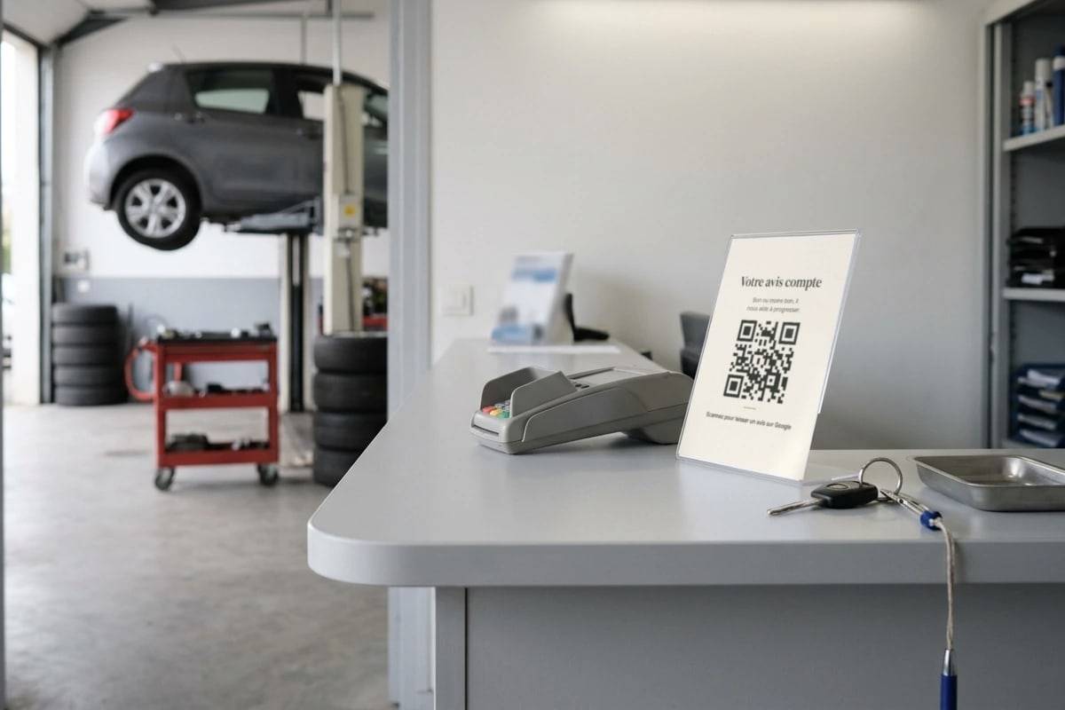 À l'accueil d'un garage, un chevalet avec la carte d'avis et son QR code, à côté des clés d'une voiture.