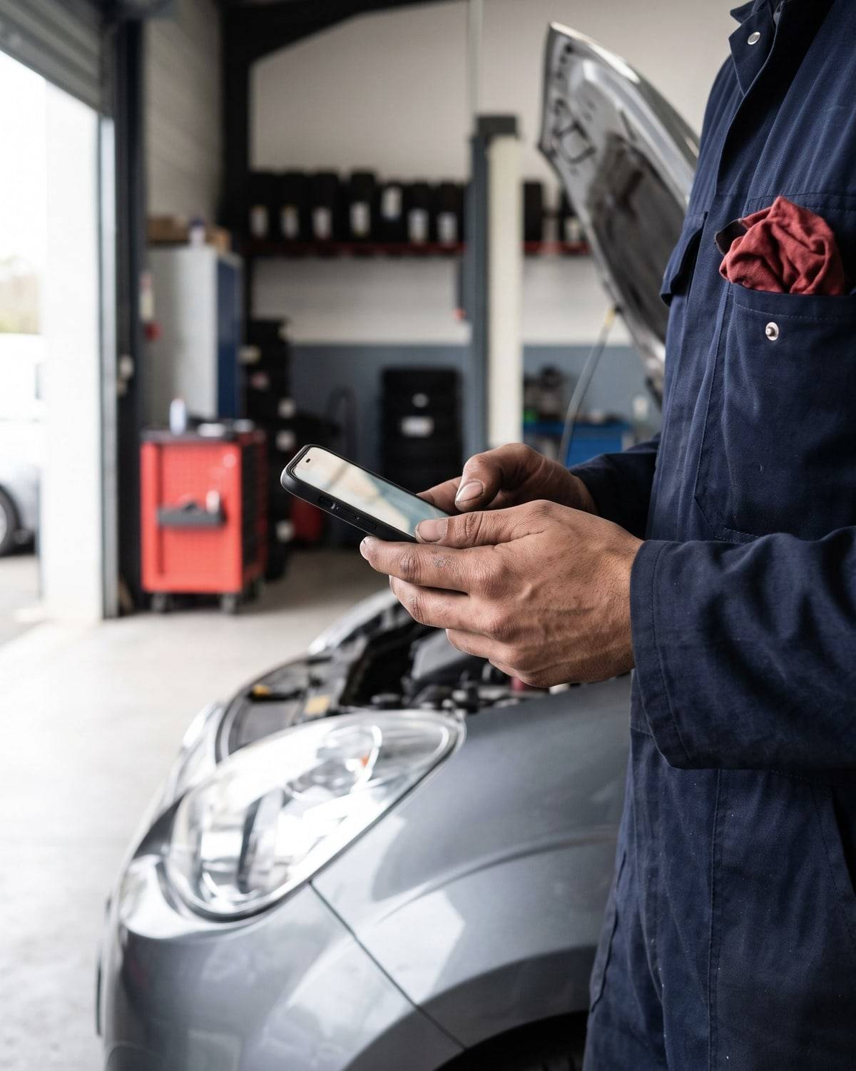 Devant un capot ouvert, un mécanicien en bleu de travail consulte son téléphone.