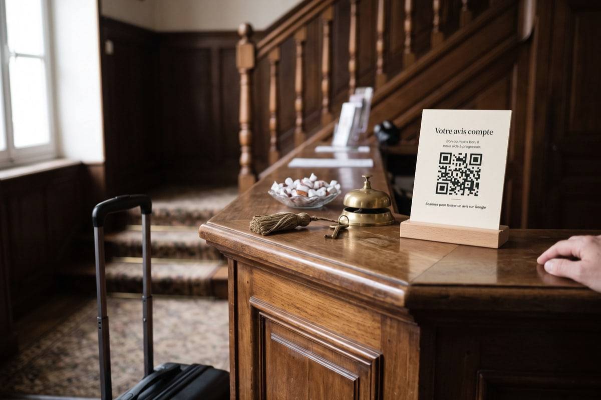 Sur le comptoir de réception d'un hôtel, un chevalet avec la carte d'avis et son QR code, une valise à côté.
