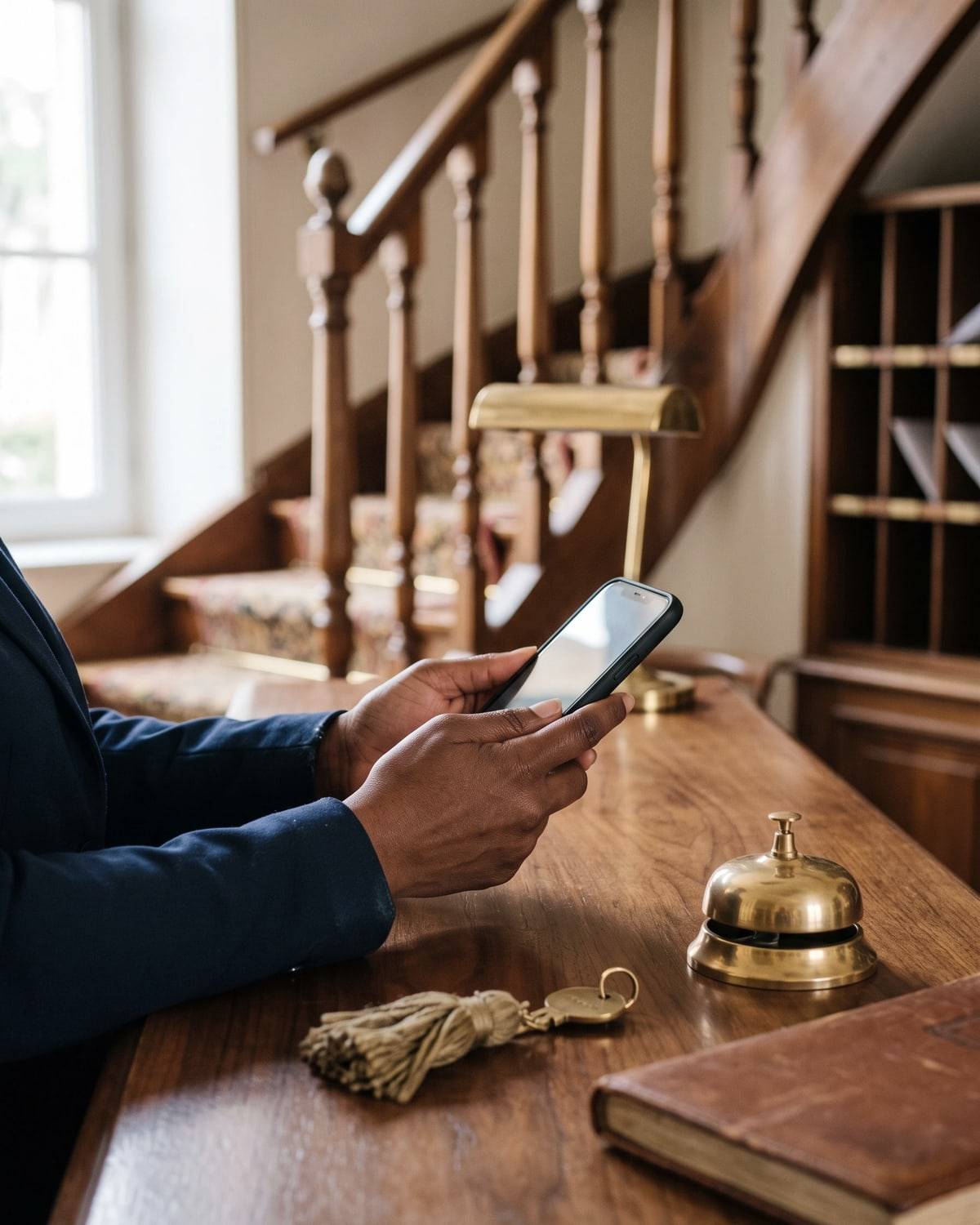 Derrière la réception en bois, les mains d'un réceptionniste sur son téléphone, à côté de la sonnette.