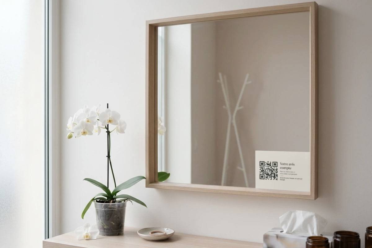 À l'accueil d'un institut, une carte d'avis et son QR code posées près d'une orchidée.