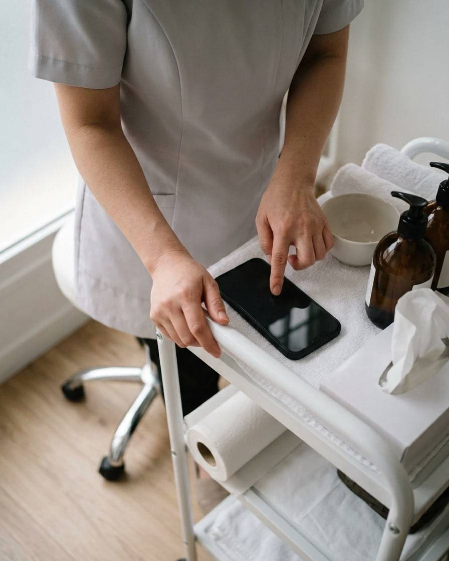 Dans sa cabine, une esthéticienne consulte son téléphone posé sur la desserte.