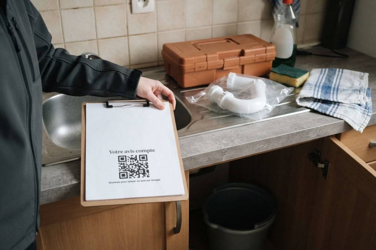 Près de l'évier réparé, un plombier tend une feuille avec un QR code pour laisser un avis.
