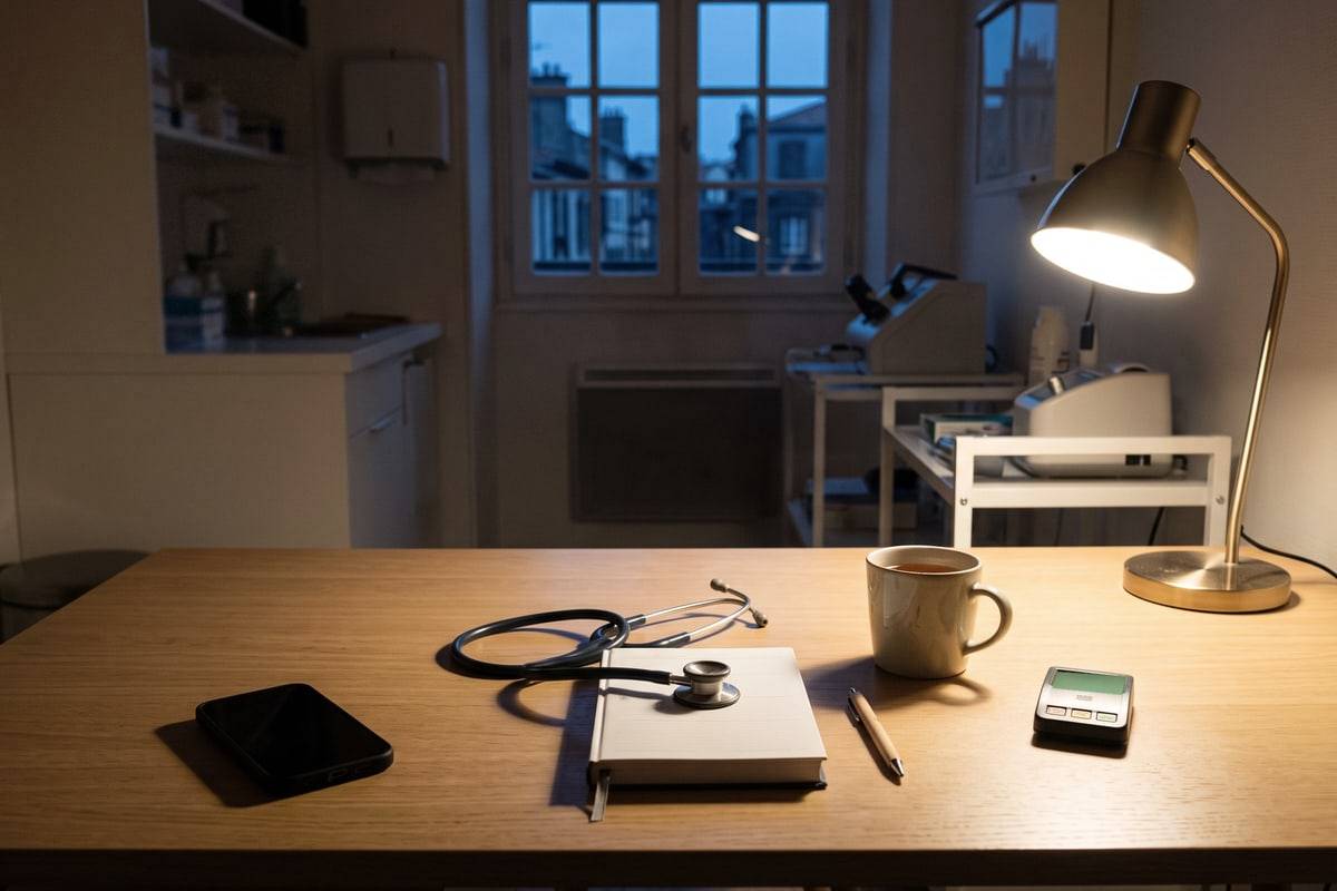 Le bureau d'un cabinet médical en fin de journée, un téléphone et un stéthoscope posés sous la lampe.