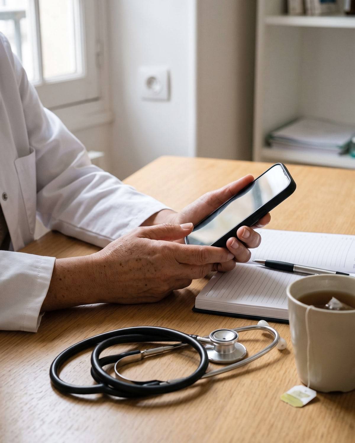 À son bureau, une médecin en blouse blanche lit son téléphone, le stéthoscope posé à côté.