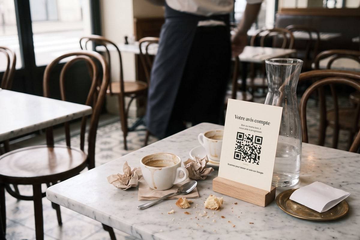 Sur une table de bistrot en fin de repas, un chevalet porte la carte « Votre avis compte » et son QR code.