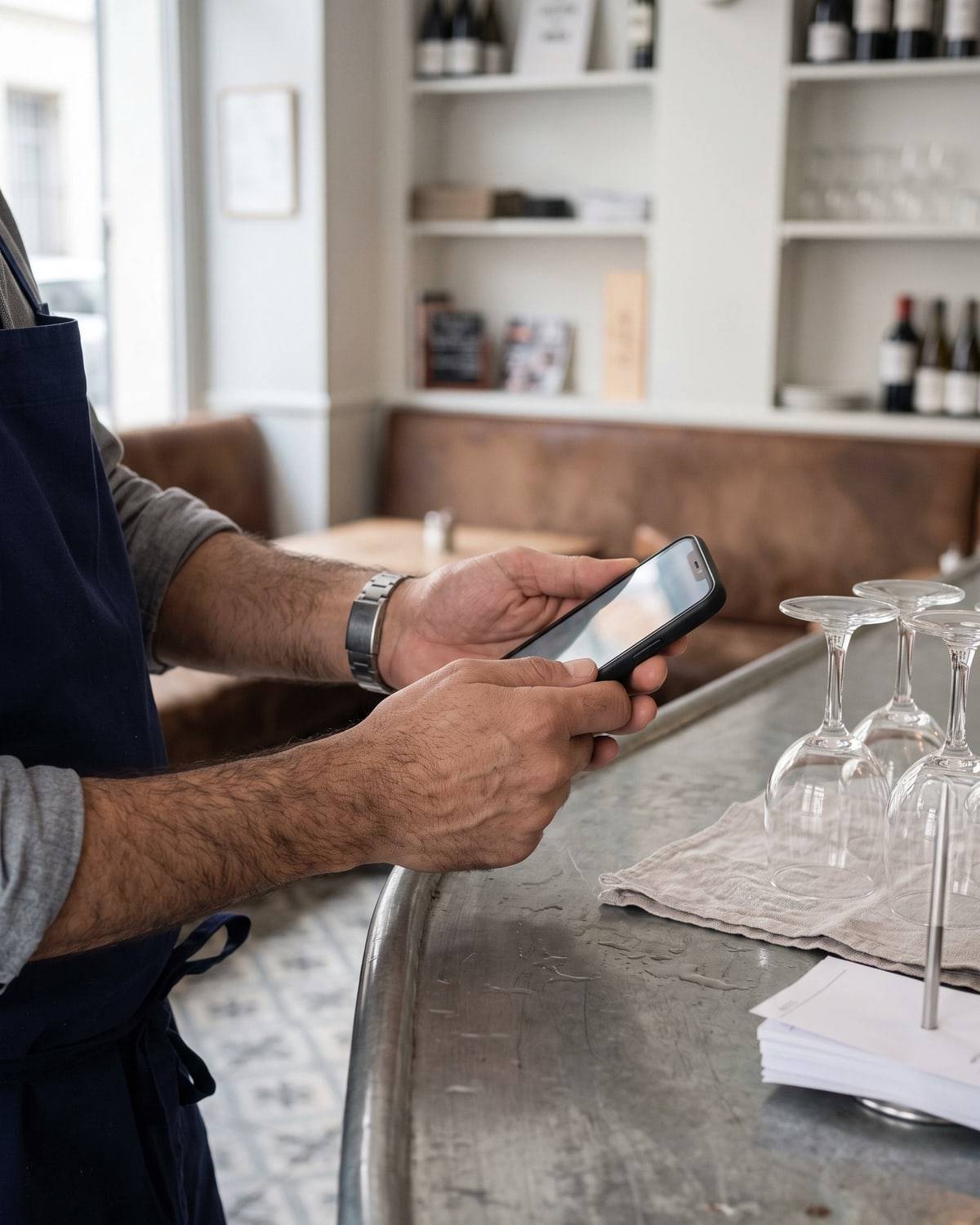 Derrière le zinc, les mains du patron sur son téléphone, à côté des verres à pied.