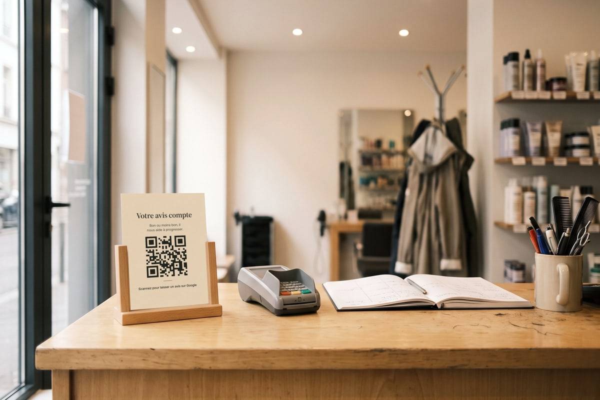 Sur le comptoir d'accueil d'un salon, un chevalet avec la carte d'avis et son QR code, à côté du terminal de paiement.