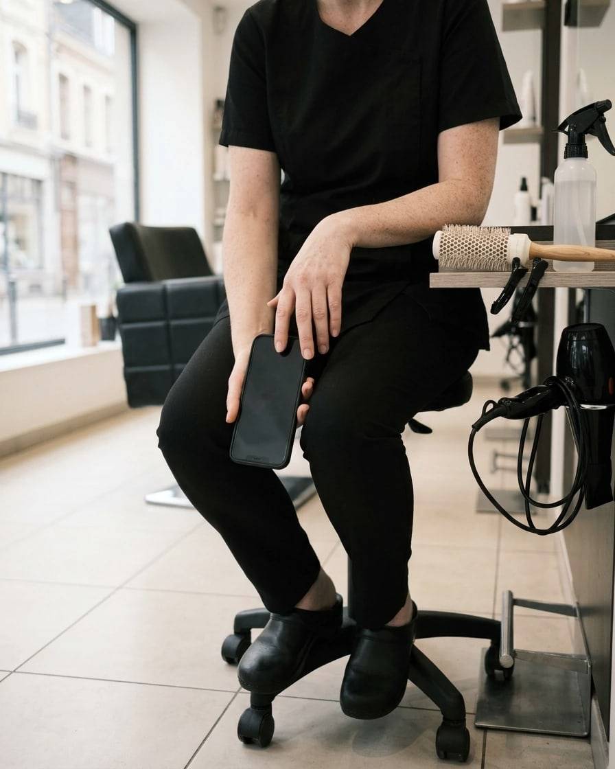 Assise entre deux clientes, une coiffeuse tient son téléphone, près de son poste de coiffage.