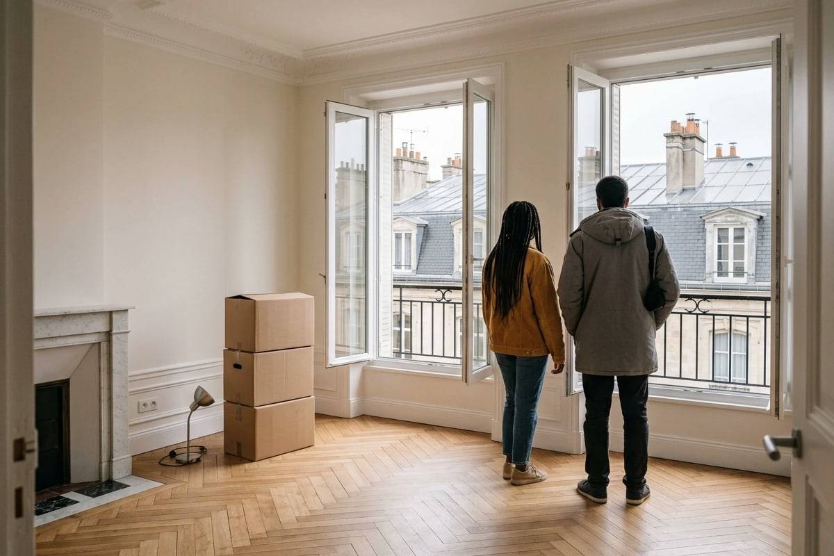 Un couple, de dos, visite un appartement ancien vide, parquet en point de Hongrie et portes-fenêtres ouvertes sur les toits.