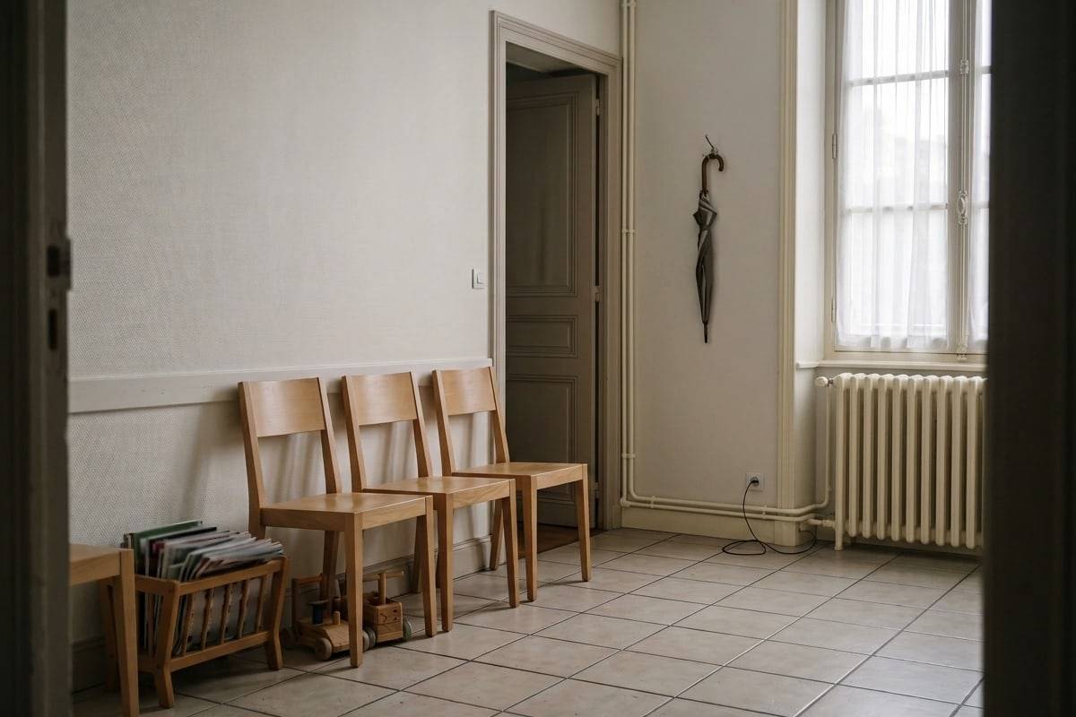 La salle d'attente vide d'un cabinet médical : trois chaises en bois, un porte-revues, une fenêtre.