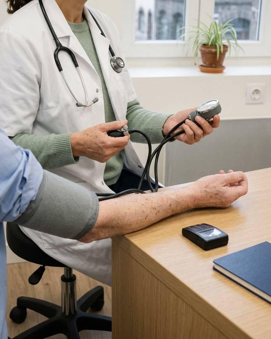 Une médecin prend la tension d'un patient, le brassard au bras, sur son bureau.