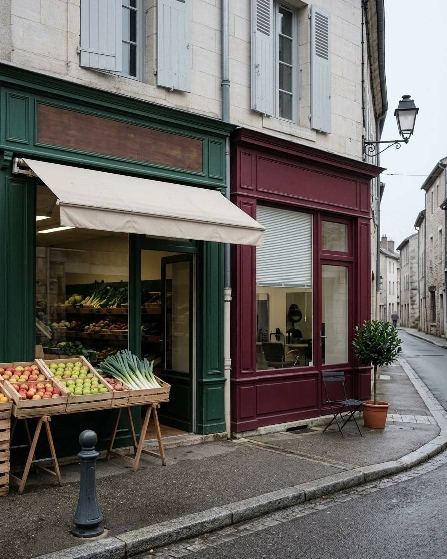 Deux boutiques voisines d'une rue de bourg le matin, une devanture verte et une bordeaux, des cagettes de légumes sur le trottoir.