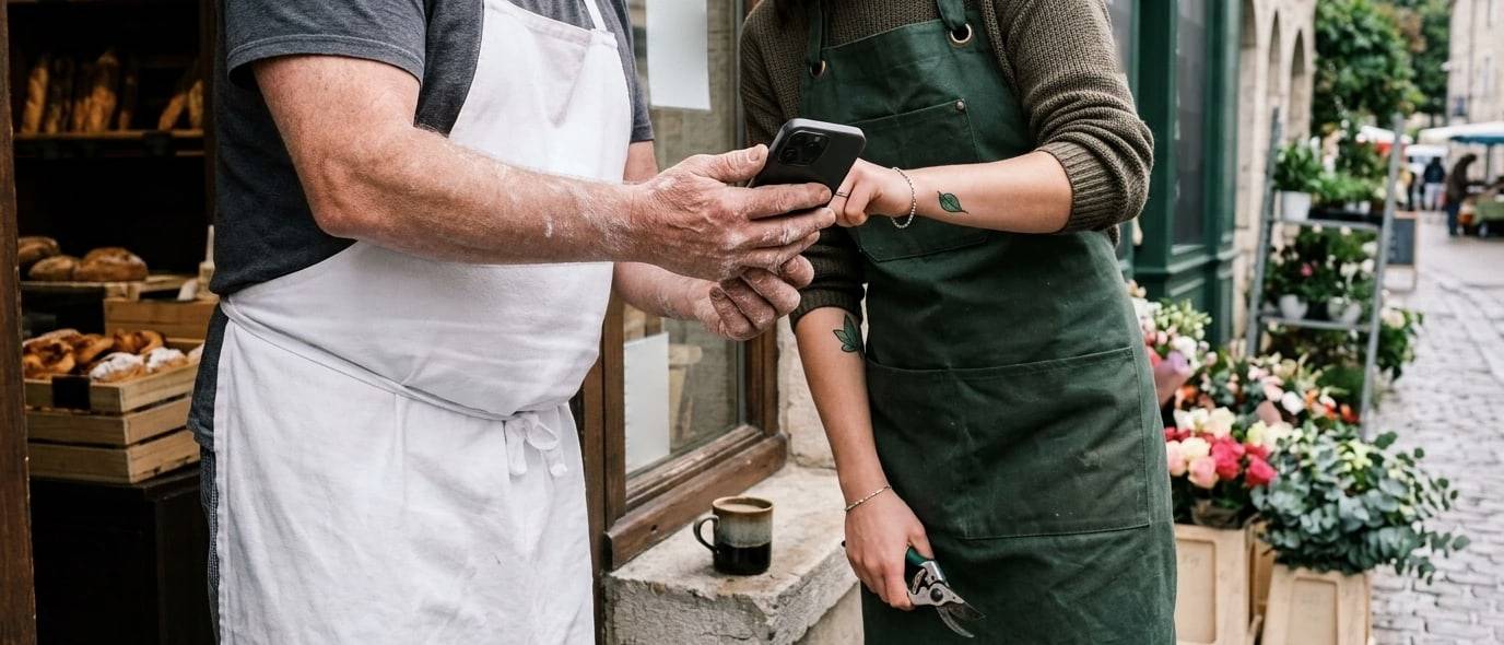 Sur le pas de la porte, un boulanger tend son téléphone à la fleuriste voisine.