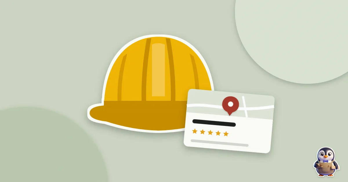 Illustration en papier découpé : casque de chantier et une fiche Google avec son épingle.