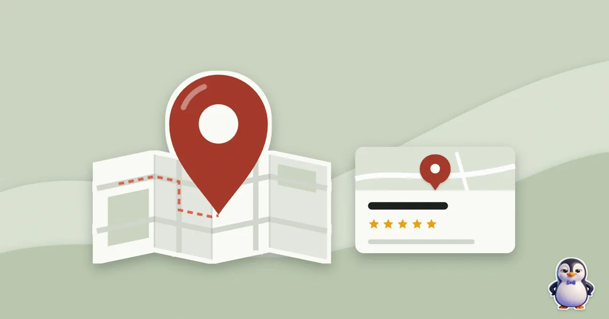 Illustration en papier découpé : plan et épingle et une fiche Google avec son épingle.
