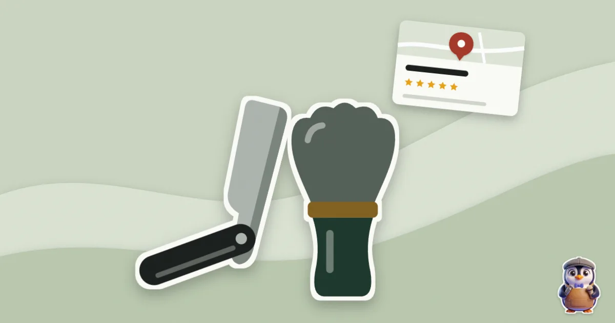 Illustration en papier découpé : rasoir et blaireau et une fiche Google avec son épingle.