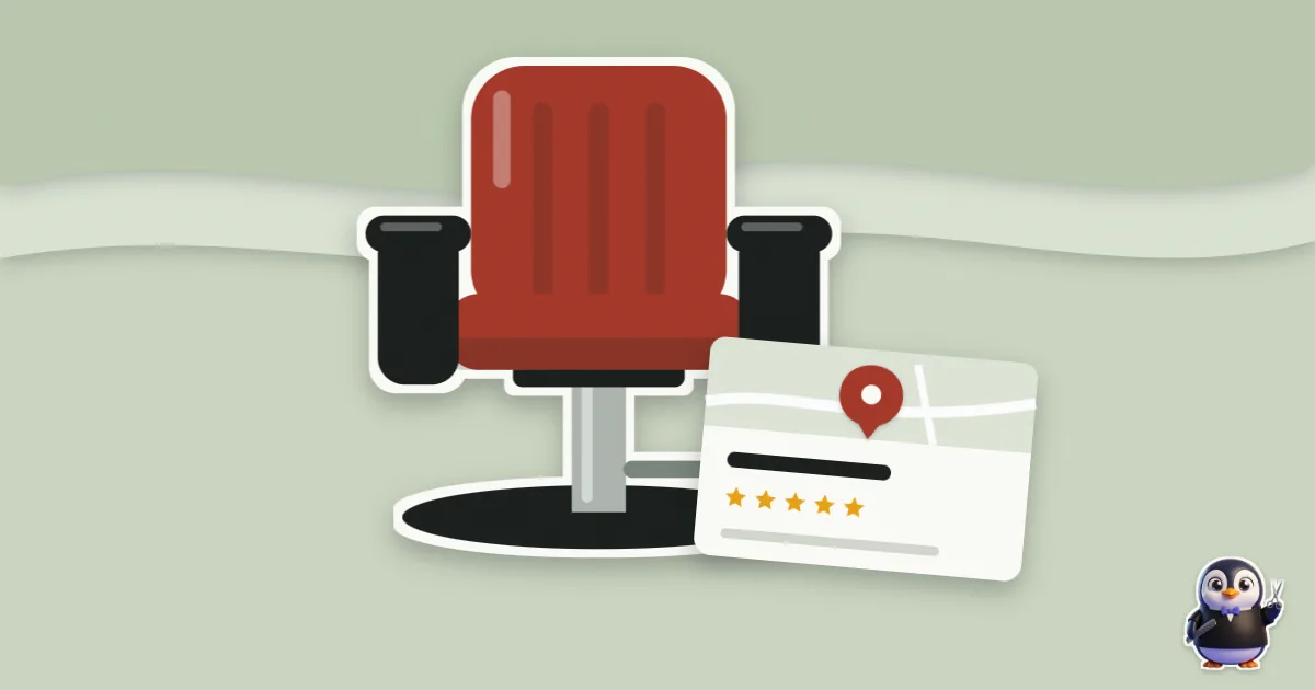 Illustration en papier découpé : fauteuil de coiffure et une fiche Google avec son épingle.