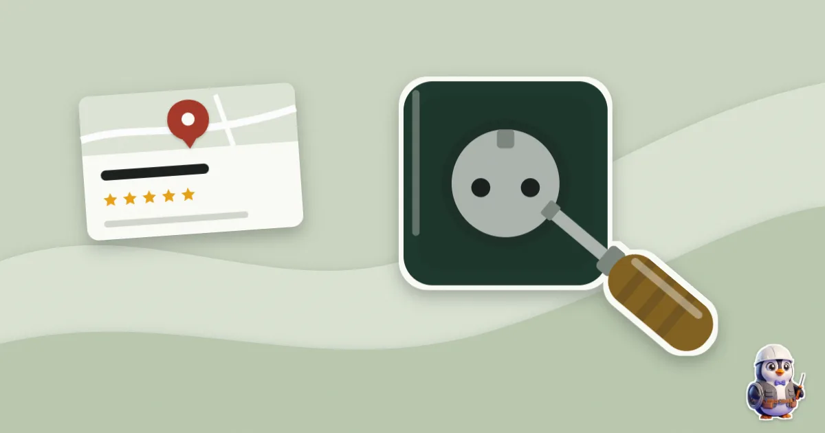 Illustration en papier découpé : prise et tournevis et une fiche Google avec son épingle.