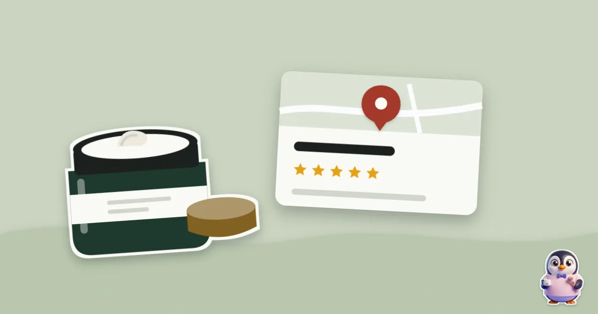 Illustration en papier découpé : pot de crème et une fiche Google avec son épingle.