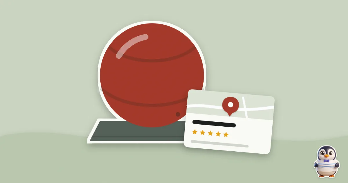 Illustration en papier découpé : ballon de kinésithérapie et une fiche Google avec son épingle.