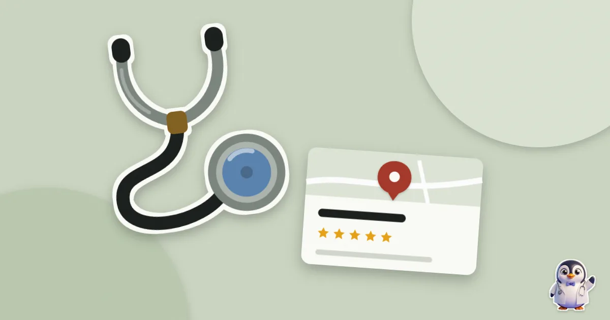 Illustration en papier découpé : stéthoscope et une fiche Google avec son épingle.