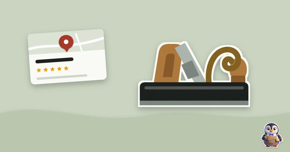 Illustration en papier découpé : rabot à bois et une fiche Google avec son épingle.