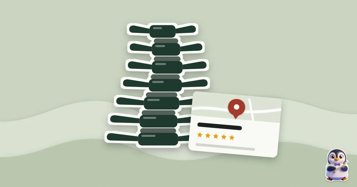 Illustration en papier découpé : colonne vertébrale et une fiche Google avec son épingle.