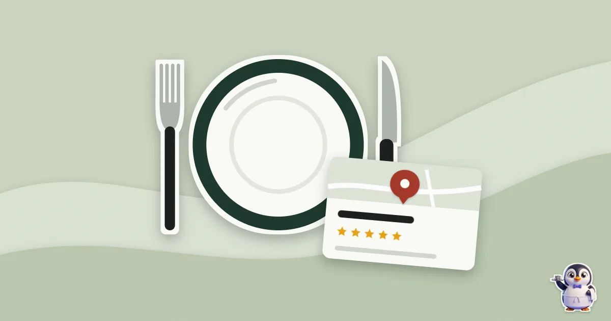 Illustration en papier découpé : assiette et couverts et une fiche Google avec son épingle.