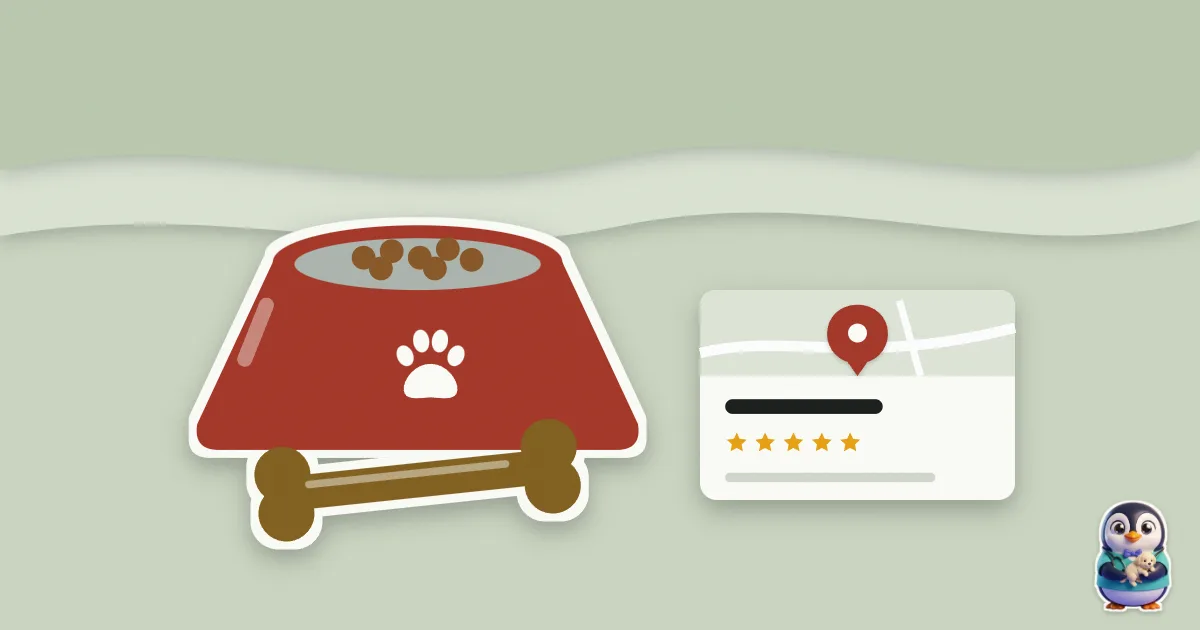 Illustration en papier découpé : gamelle et une fiche Google avec son épingle.