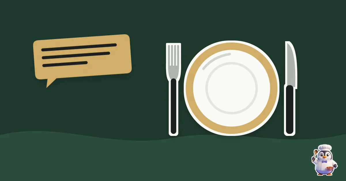 Illustration en papier découpé : assiette et couverts et une réponse rédigée.