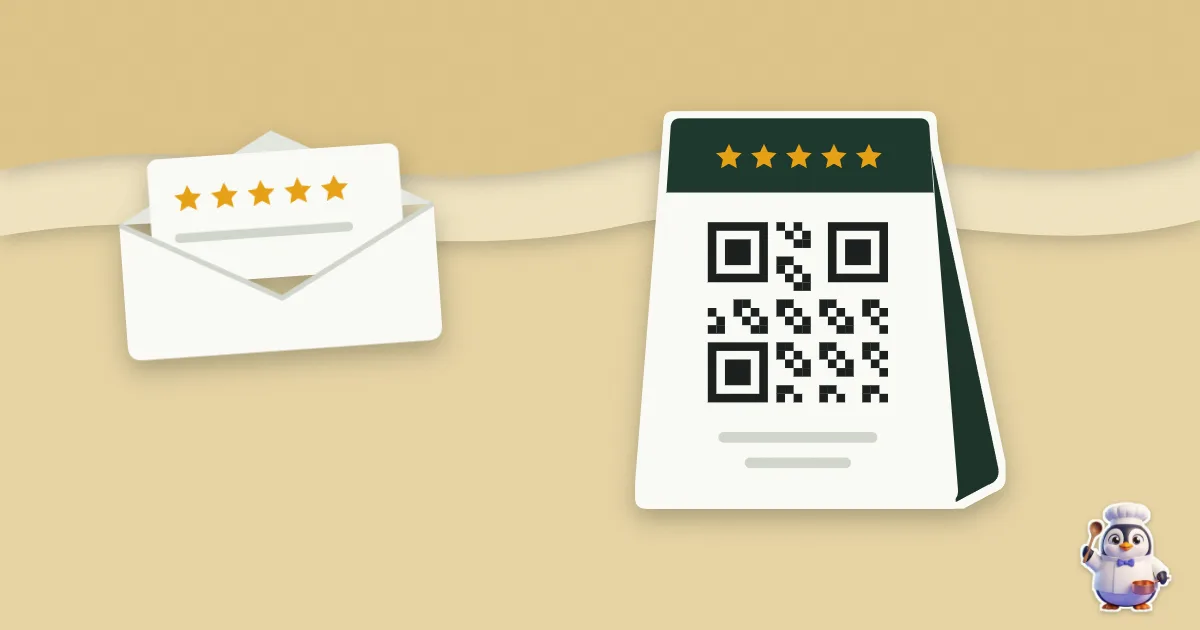 Illustration en papier découpé : chevalet de table avec qr code et un e-mail de demande d'avis.