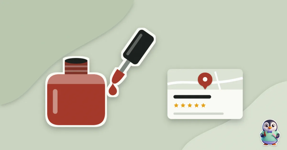 Illustration en papier découpé : flacon de vernis et une fiche Google avec son épingle.