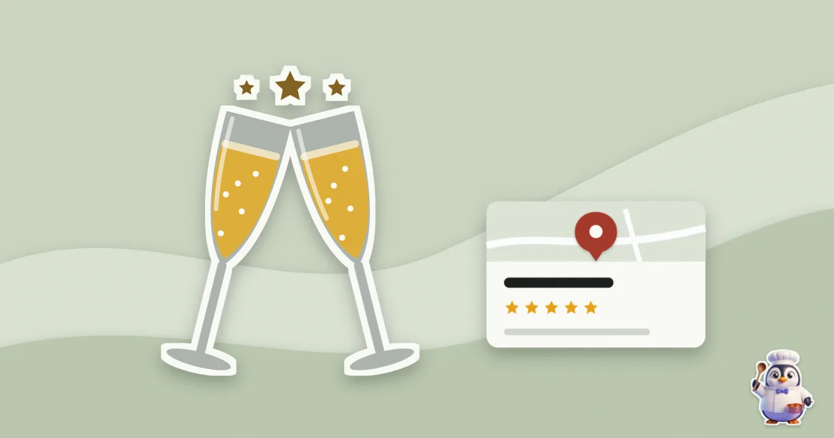 Illustration en papier découpé : flûtes de champagne et une fiche Google avec son épingle.