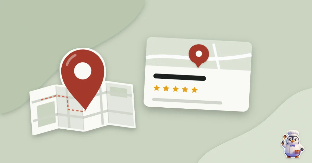 Illustration en papier découpé : plan et épingle et une fiche Google avec son épingle.
