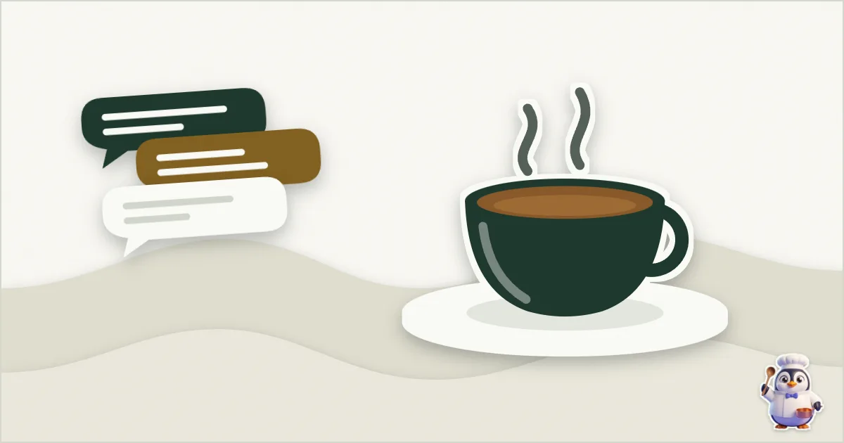 Illustration en papier découpé : tasse de café et soucoupe et trois bulles de messagerie.